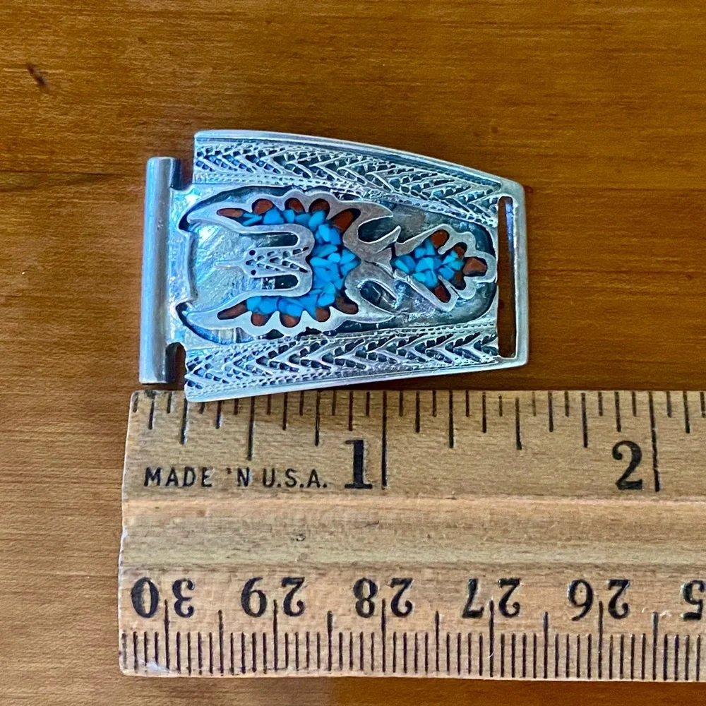 Vintage Native American Signed Thunderbird Turquoise Coral Mosaic Watch Tips